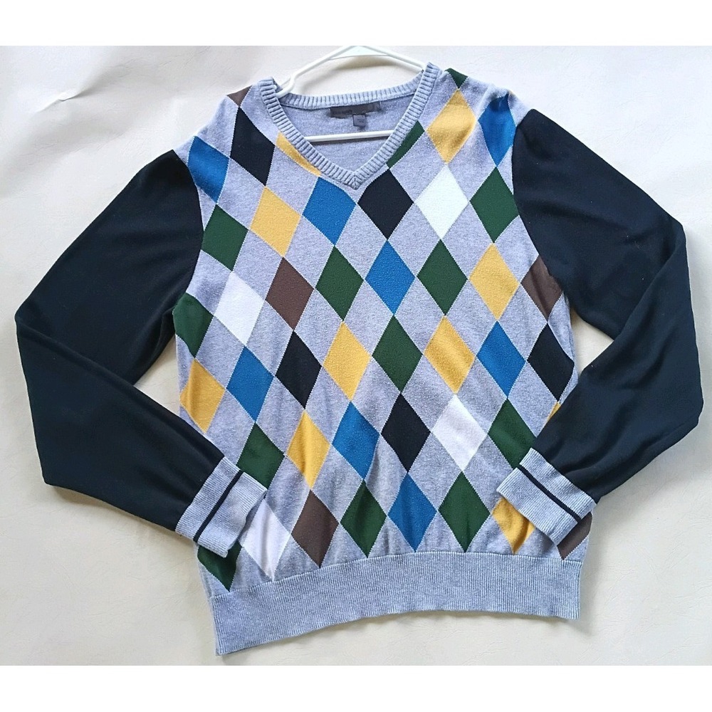 Old Navy Mens L Argyle Diamond V-Neck Sweater Gray Multi Pullover Classic Fit